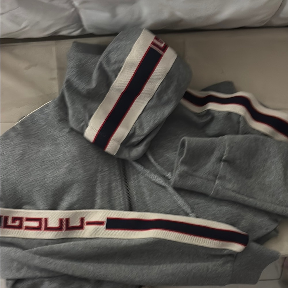 Gray Hooded Sweater with Striped Accents